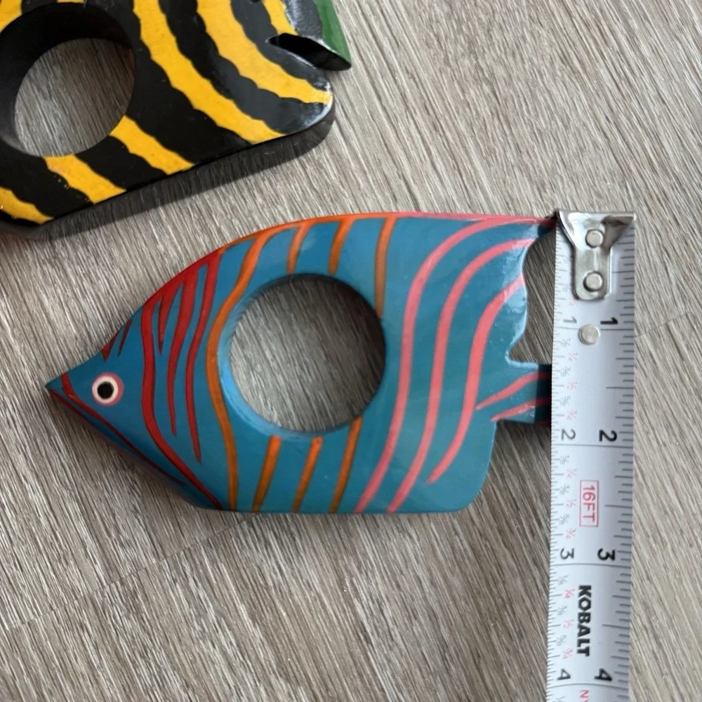 Set of 3 VTG Hand Carved Wooden Tropical Fish Napkin Rings Beach Coastal Decor